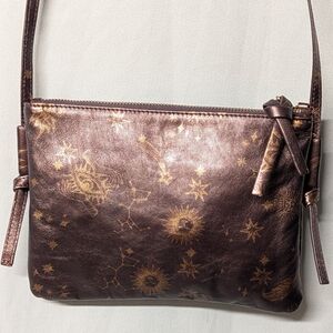 Johnny Was ⭐ Italian Metallic Brown Leather Gold Celestial Print Crossbody Bag